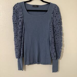 On Twelfth Blue Crochet Ribbed Casual Going Out Autumn Fall Long Sleeve Top M